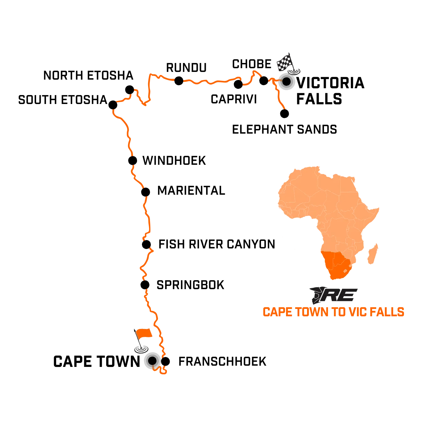 Cape Town to Victoria Falls - map