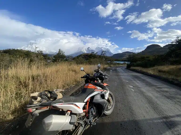 Motorcycle tour into Torres del Paine National Park in Patagonia.
