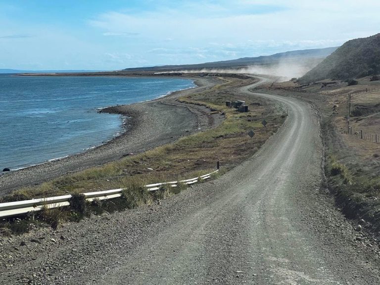 Riding gravel roads on a Patagonia motorcycle tour.