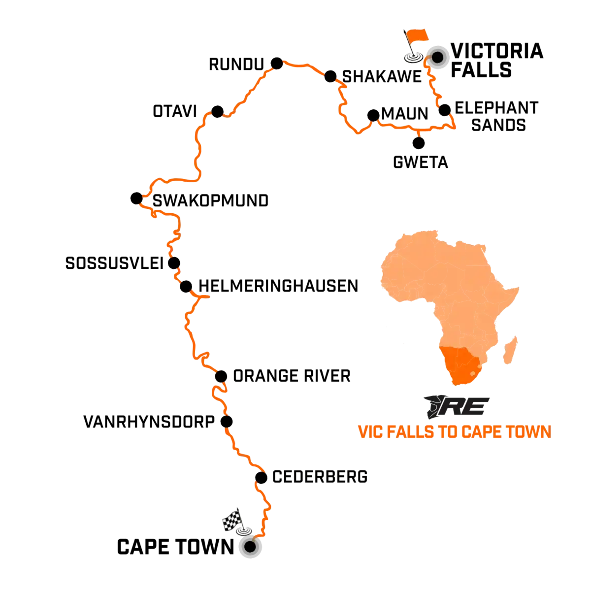 Victoria Falls to Cape Town - map