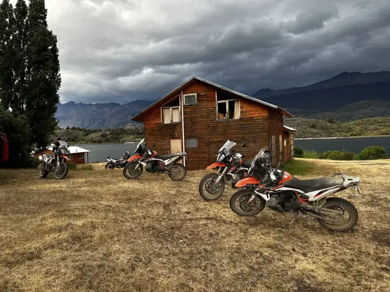 Bikes and a lake backdrop in Patagonia.