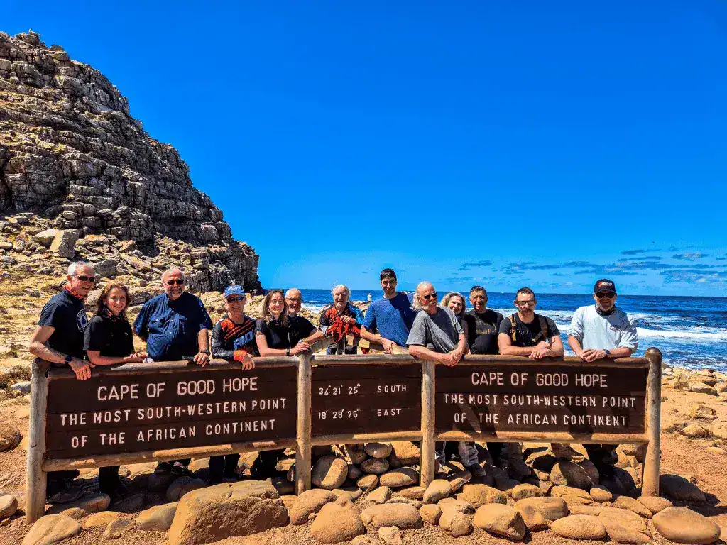 Riders at the Cape of Good Hope during the Ride Expeditions South Africa motorcycle tour.